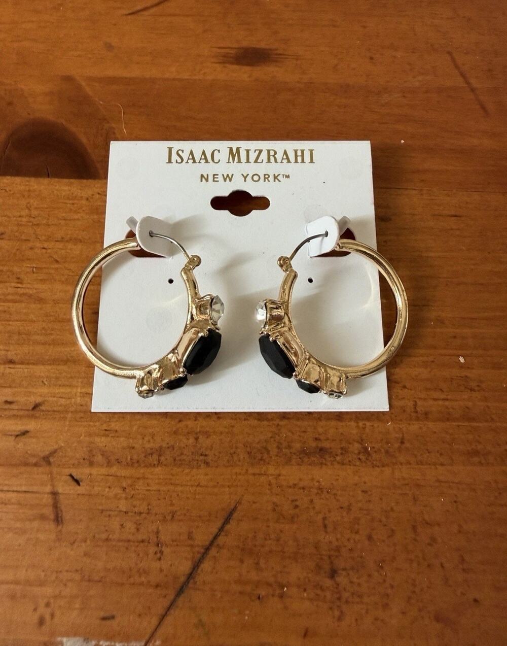 Isaac Mizrahi New York Gold Tone Black Crystal Statement Hoop Earrings